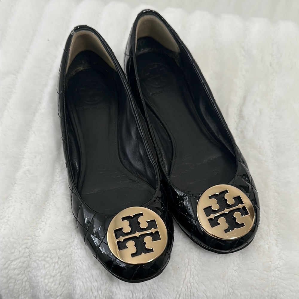 Tory Burch Quilted Black Flats with Gold Emblem